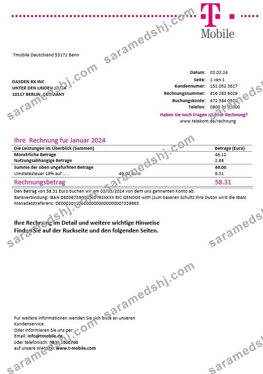 Germany T Mobile business utility bill template in Word and PDF formats